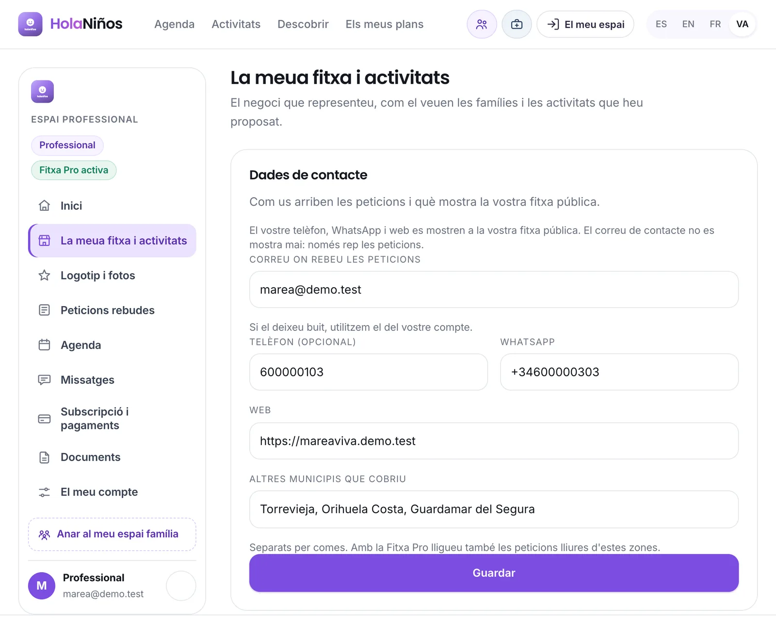 Les dades de contacte i les zones d'una Fitxa Pro
